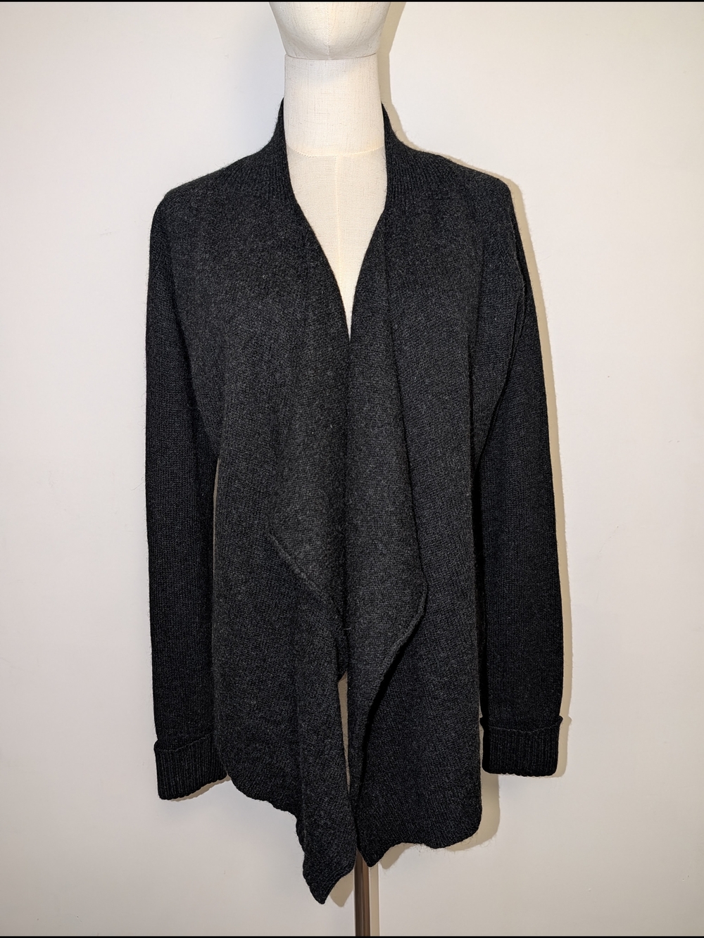 Open-Front Draped Charcoal Knit Sweater